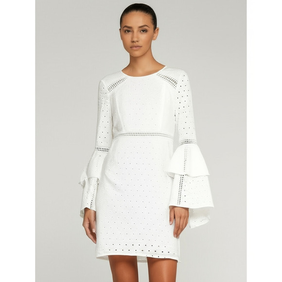 CeCe White Eyelet Fabric Large Bell Sleeves Ruffled Cuffs Mini Dress Size 10 - Picture 1 of 10